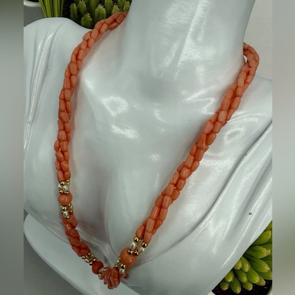 Vintage Angel Skin Coral & Freshwater Pearl 18” 3 Strand Twist Bead Gold Accents - Picture 5 of 17